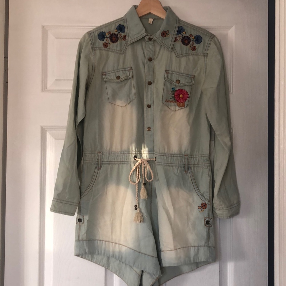 Soft denim embroidered button up romper